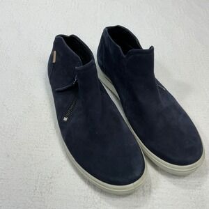 ECCO Soft 7 Women Navy Blue Nubuck Leather Side Zip High Top Sneakers Shoes